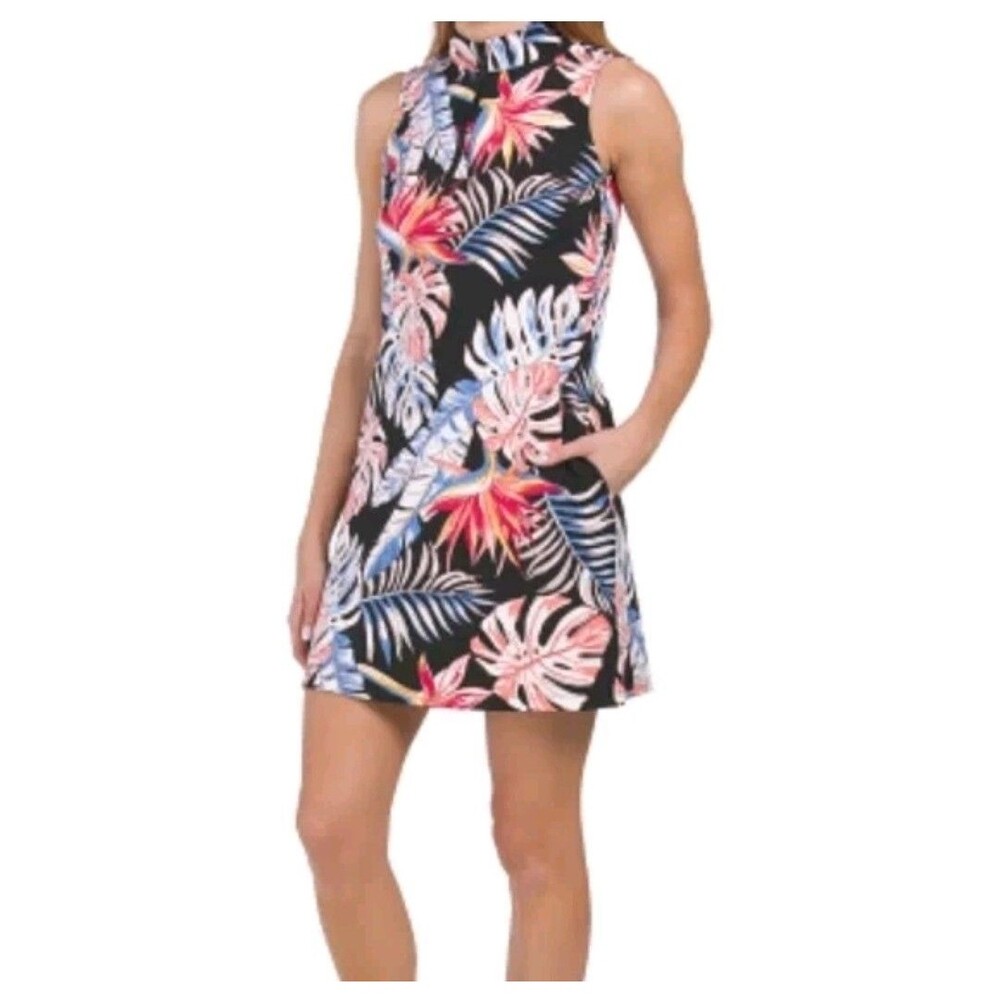 TOMMY BAHAMA GOLF Sz S Active Zip Collar Palm Leaves Floral UPF 50+ Mini Dress